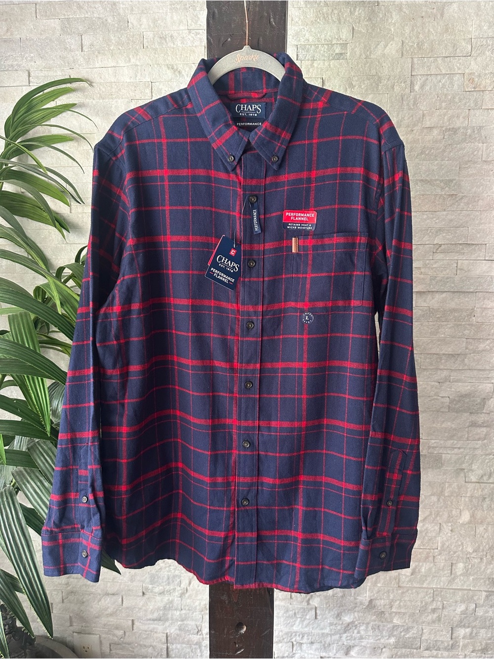 Chaps Ralph Lauren Navy Red Plaid Button-Down Flannel Shirt Size L New with Tags